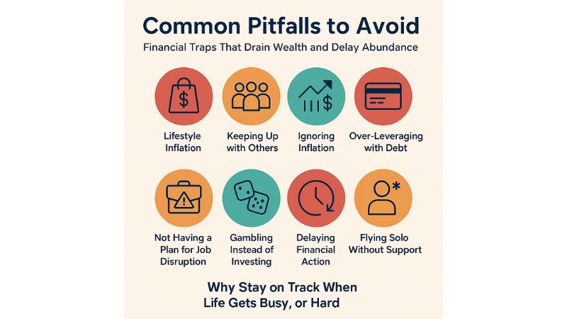 Infographic titled 'Common Pitfalls to Avoid' listing eight financial traps: Lifestyle Inflation, Keeping Up with Others, Ignoring Inflation, Over-Leveraging with Debt, Not Having a Plan for Job Disruption, Gambling Instead of Investing, Delaying Financial Action, and Flying Solo Without Support. Each trap is paired with a colorful icon.
