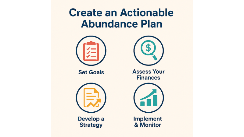 Infographic titled 'Create an Actionable Abundance Plan' with four steps: Set Goals, Assess Your Finances, Develop a Strategy, and Implement & Monitor. Each step is represented by a unique icon.