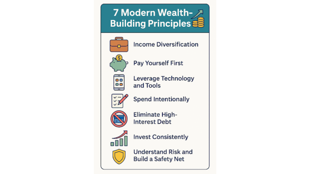 Infographic titled '7 Modern Wealth-Building Principles' listing key financial habits such as income diversification, paying yourself first, using technology, eliminating debt, and more, each paired with colorful icons.