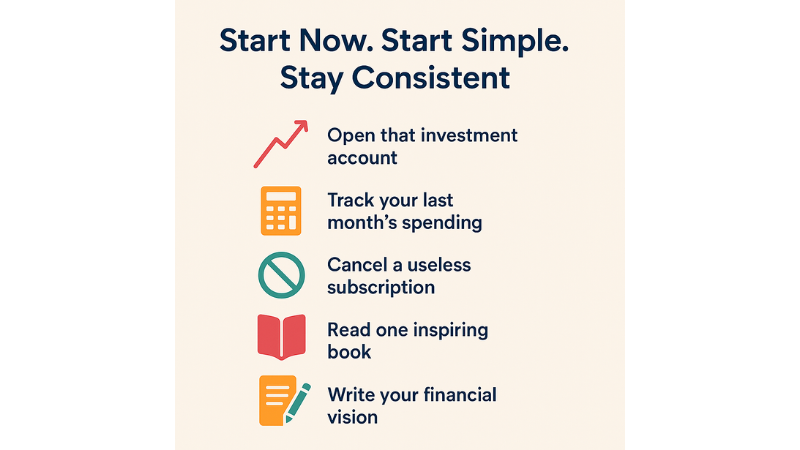 Checklist-style infographic titled 'Start Now. Start Simple. Stay Consistent' with five action items paired with colorful icons.