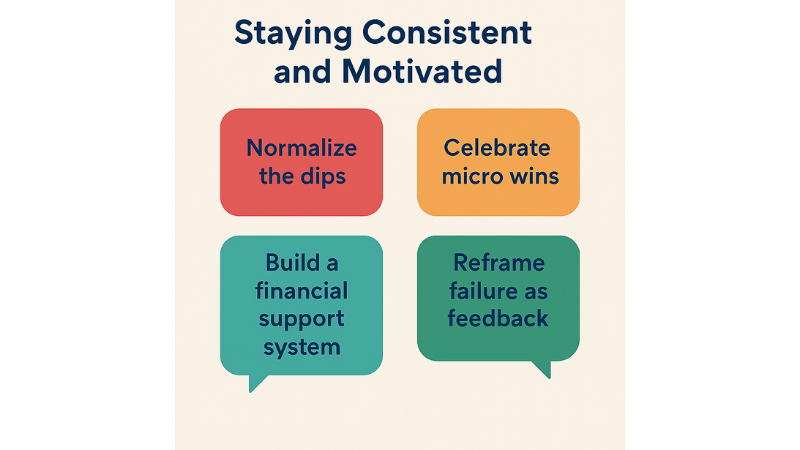 Infographic titled 'Staying Consistent and Motivated' with four colorful blocks containing motivational tips: Normalize the dips, Celebrate micro wins, Build a financial support system, and Reframe failure as feedback.