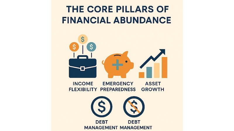 Infographic titled 'The Core Pillars of Financial Abundance' showing five key elements: Income Flexibility (represented by a briefcase and dollar signs), Emergency Preparedness (depicted by a piggy bank), Asset Growth (shown as a rising bar chart with an arrow), and two Debt Management icons (one with a dollar sign, and one crossed out). Each icon is visually distinct with simple graphics and soft colors.
