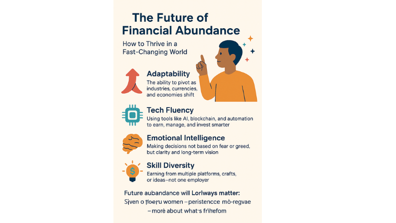 Infographic titled 'The Future of Financial Abundance: How to Thrive in a Fast-Changing World' listing four key traits for success: Adaptability, Tech Fluency, Emotional Intelligence, and Skill Diversity. Includes a person pointing upward and decorative elements. The bottom contains distorted, unreadable text.