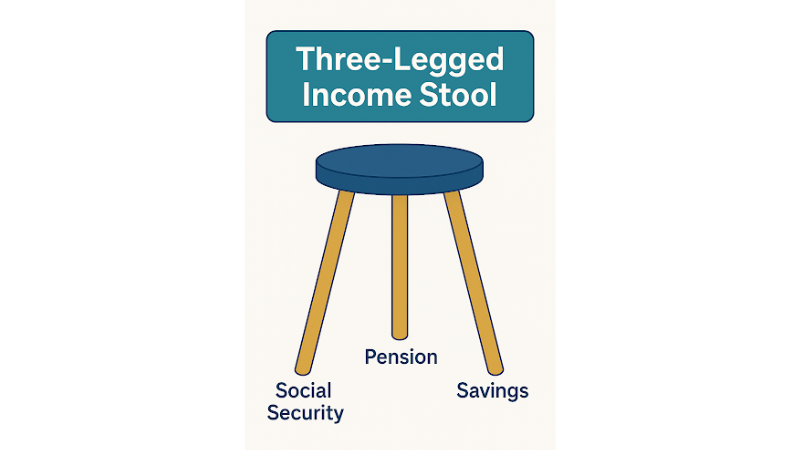 Illustration of a three-legged stool labeled 'Three-Legged Income Stool,' with each leg representing Social Security, Pension, and Savings.