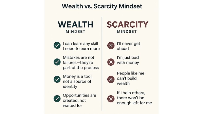 Infographic comparing Wealth Mindset and Scarcity Mindset. Wealth Mindset includes beliefs like 'I can learn any skill' and 'Opportunities are created.' Scarcity Mindset includes limiting thoughts like 'I’ll never get ahead' and 'I’m just bad with money.' Each point is marked with checkmarks or Xs.